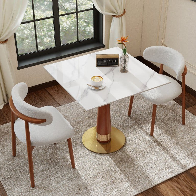 English Elm 850Mm Stone Slab Bistro Table with Rattan Walnut Column and Gold Base for Two W1535S00796
