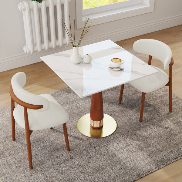 English Elm 850Mm Stone Slab Bistro Table with Rattan Walnut Column and Gold Base for Two W1535S00796