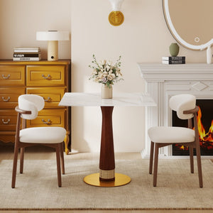English Elm 850Mm Stone Slab Bistro Table with Rattan Walnut Column and Gold Base for Two W1535S00796
