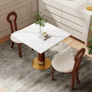 English Elm 850Mm Stone Slab Bistro Table with Rattan Walnut Column and Gold Base for Two W1535S00796