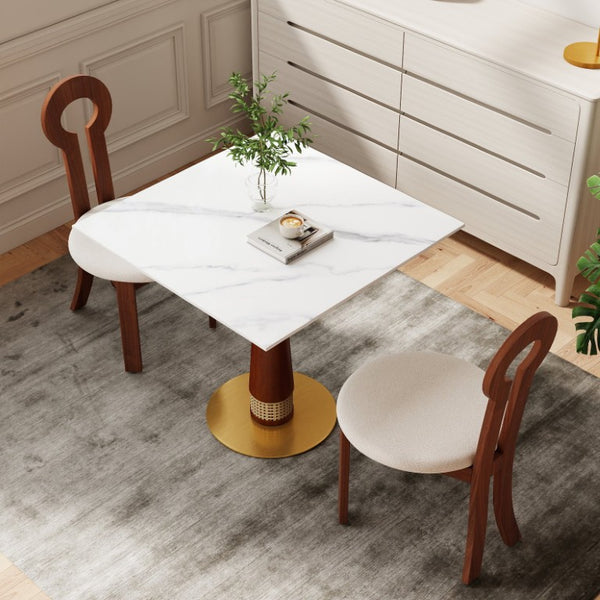 English Elm 850Mm Stone Slab Bistro Table with Rattan Walnut Column and Gold Base for Two W1535S00796