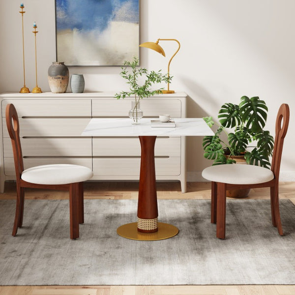 English Elm 850Mm Stone Slab Bistro Table with Rattan Walnut Column and Gold Base for Two W1535S00796
