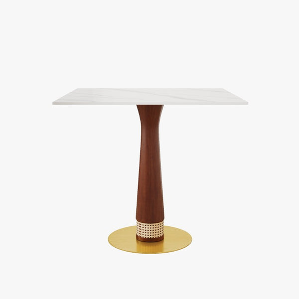 English Elm 850Mm Stone Slab Bistro Table with Rattan Walnut Column and Gold Base for Two W1535S00796