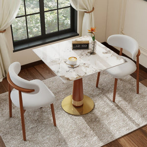 English Elm 85Cm Sintered Stone Square Dining Table Gold Veined Top Walnut Base for Small Spaces Pandora Rattan Column W1535S00798