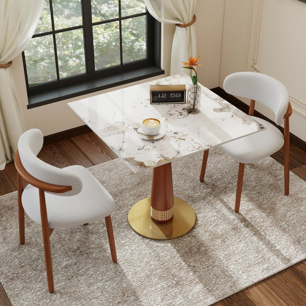 English Elm 85Cm Sintered Stone Square Dining Table Gold Veined Top Walnut Base for Small Spaces Pandora Rattan Column W1535S00798