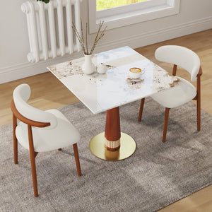 English Elm 85Cm Sintered Stone Square Dining Table Gold Veined Top Walnut Base for Small Spaces Pandora Rattan Column W1535S00798