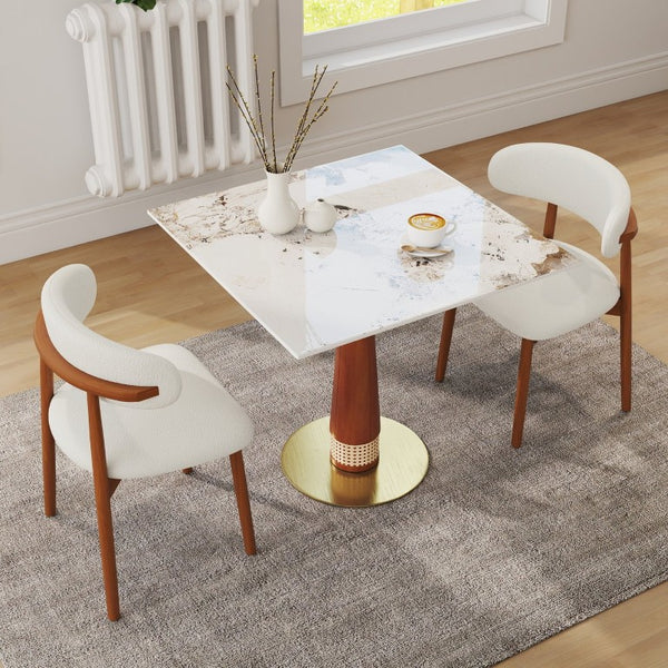 English Elm 85Cm Sintered Stone Square Dining Table Gold Veined Top Walnut Base for Small Spaces Pandora Rattan Column W1535S00798