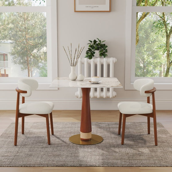 English Elm 85Cm Sintered Stone Square Dining Table Gold Veined Top Walnut Base for Small Spaces Pandora Rattan Column W1535S00798