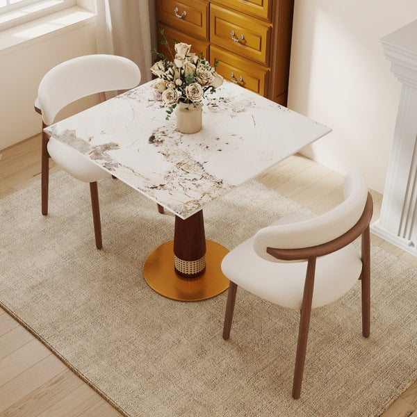 English Elm 85Cm Sintered Stone Square Dining Table Gold Veined Top Walnut Base for Small Spaces Pandora Rattan Column W1535S00798