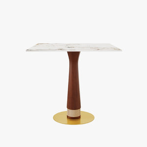 English Elm 85Cm Sintered Stone Square Dining Table Gold Veined Top Walnut Base for Small Spaces Pandora Rattan Column W1535S00798