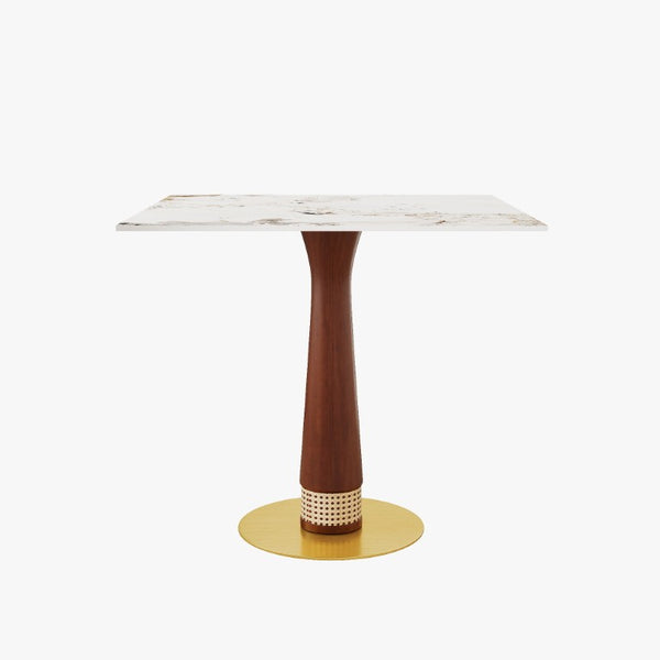 English Elm 85Cm Sintered Stone Square Dining Table Gold Veined Top Walnut Base for Small Spaces Pandora Rattan Column W1535S00798