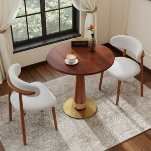 English Elm 800Mm Round Solid Wood Dining Table Rattan Column Gold Base Retro Cafe Style Seats Two W1535S00801