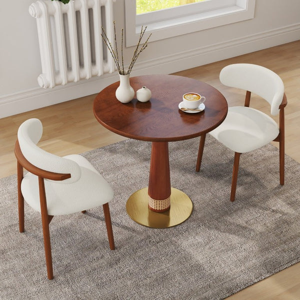 English Elm 800Mm Round Solid Wood Dining Table Rattan Column Gold Base Retro Cafe Style Seats Two W1535S00801
