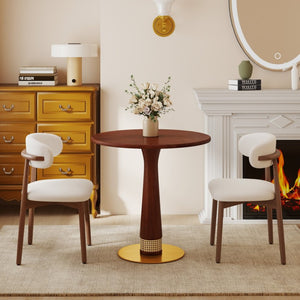 English Elm 800Mm Round Solid Wood Dining Table Rattan Column Gold Base Retro Cafe Style Seats Two W1535S00801
