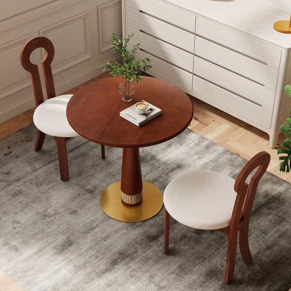 English Elm 800Mm Round Solid Wood Dining Table Rattan Column Gold Base Retro Cafe Style Seats Two W1535S00801