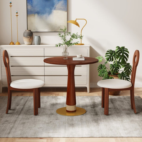English Elm 800Mm Round Solid Wood Dining Table Rattan Column Gold Base Retro Cafe Style Seats Two W1535S00801