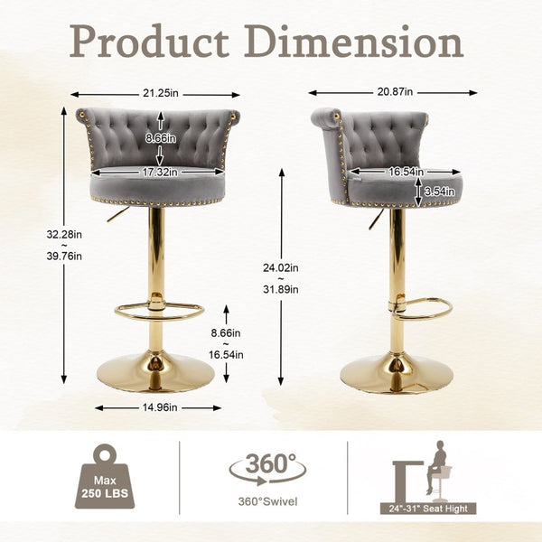 English Elm United We Win Tufted Velvet Swivel Barstools Set of 2 Glam Gold Accent Kitchen Island W1568P476247