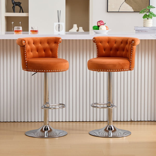 English Elm United We Win Velvet Swivel Barstools Tufted Nailhead Trim Adjustable Kitchen Seating Orange W1568P476477