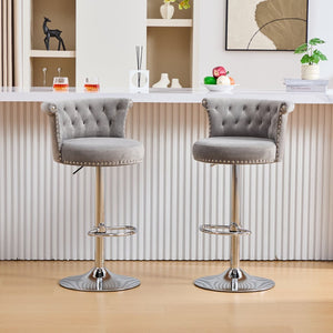 English Elm United We Win Velvet Swivel Barstools Tufted Nailhead Trim Adjustable Kitchen Seating Gray W1568P476478
