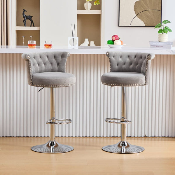 English Elm United We Win Velvet Swivel Barstools Tufted Nailhead Trim Adjustable Kitchen Seating Gray W1568P476478