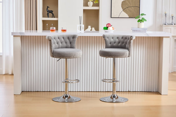 English Elm United We Win Velvet Swivel Barstools Tufted Nailhead Trim Adjustable Kitchen Seating Gray W1568P476478