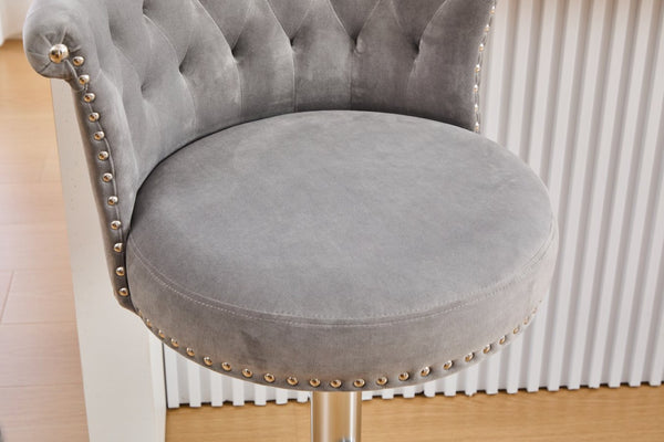 English Elm United We Win Velvet Swivel Barstools Tufted Nailhead Trim Adjustable Kitchen Seating Gray W1568P476478