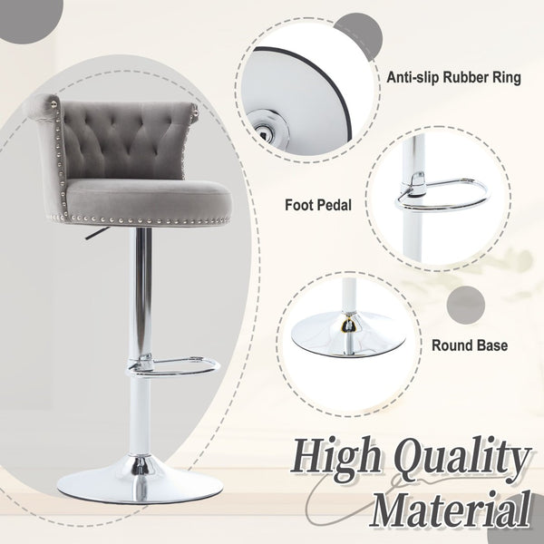 English Elm United We Win Velvet Swivel Barstools Tufted Nailhead Trim Adjustable Kitchen Seating Gray W1568P476478