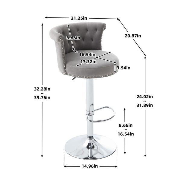 English Elm United We Win Velvet Swivel Barstools Tufted Nailhead Trim Adjustable Kitchen Seating Gray W1568P476478