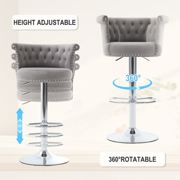 English Elm United We Win Velvet Swivel Barstools Tufted Nailhead Trim Adjustable Kitchen Seating Gray W1568P476478