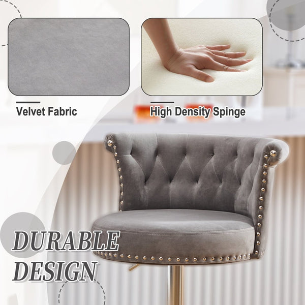 English Elm United We Win Velvet Swivel Barstools Tufted Nailhead Trim Adjustable Kitchen Seating Gray W1568P476478