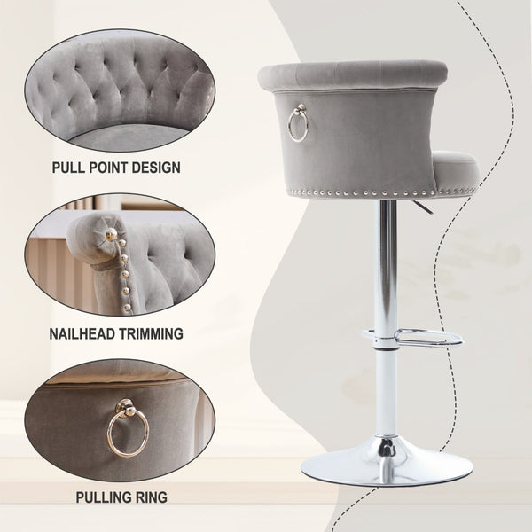 English Elm United We Win Velvet Swivel Barstools Tufted Nailhead Trim Adjustable Kitchen Seating Gray W1568P476478