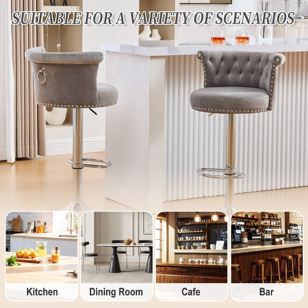 English Elm United We Win Velvet Swivel Barstools Tufted Nailhead Trim Adjustable Kitchen Seating Gray W1568P476478