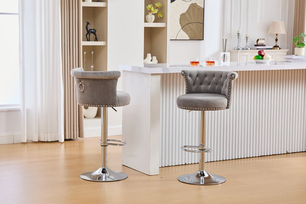 English Elm United We Win Velvet Swivel Barstools Tufted Nailhead Trim Adjustable Kitchen Seating Gray W1568P476478