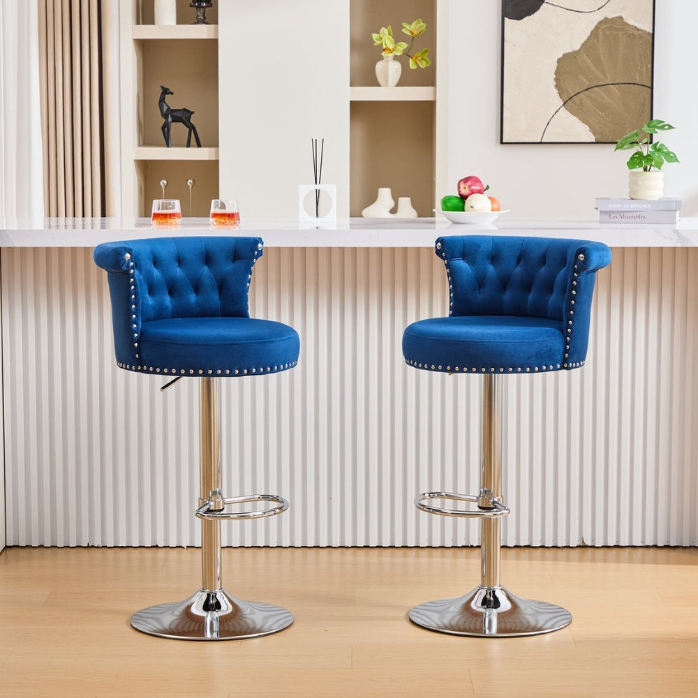 English Elm United We Win Velvet Swivel Barstools Tufted Nailhead Trim Adjustable Kitchen Seating Navy W1568P476479