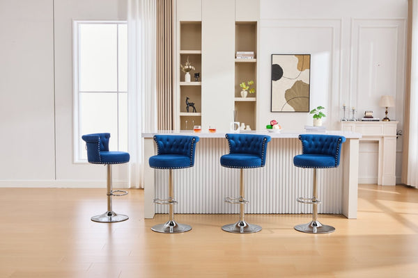 English Elm United We Win Velvet Swivel Barstools Tufted Nailhead Trim Adjustable Kitchen Seating Navy W1568P476479