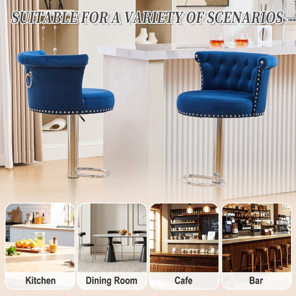 English Elm United We Win Velvet Swivel Barstools Tufted Nailhead Trim Adjustable Kitchen Seating Navy W1568P476479