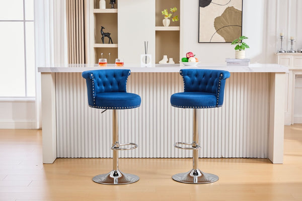 English Elm United We Win Velvet Swivel Barstools Tufted Nailhead Trim Adjustable Kitchen Seating Navy W1568P476479