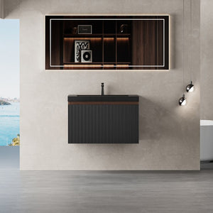 English Elm 24'' Floating Bathroom Vanity Smoked Walnut Fluted Cabinet with Matte Black Quartz Basin W1573P265194