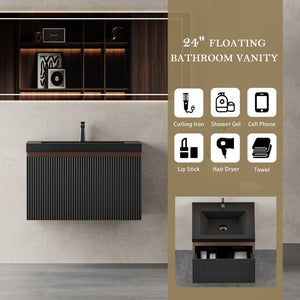 English Elm 24'' Floating Bathroom Vanity Smoked Walnut Fluted Cabinet with Matte Black Quartz Basin W1573P265194