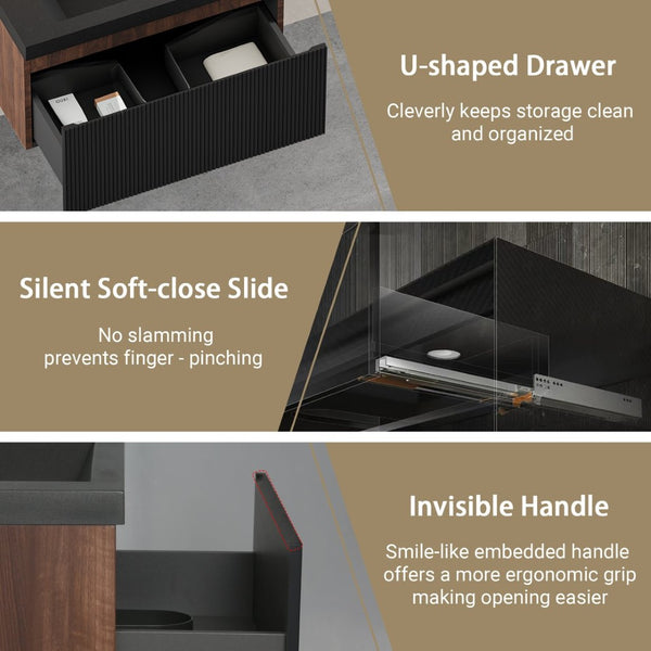 English Elm 24'' Floating Bathroom Vanity Smoked Walnut Fluted Cabinet with Matte Black Quartz Basin W1573P265194
