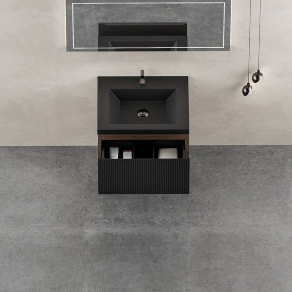 English Elm 24'' Floating Bathroom Vanity Smoked Walnut Fluted Cabinet with Matte Black Quartz Basin W1573P265194
