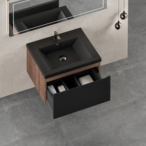 English Elm 24'' Floating Bathroom Vanity Smoked Walnut Fluted Cabinet with Matte Black Quartz Basin W1573P265194