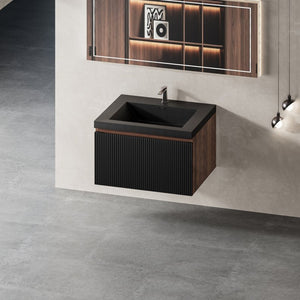 English Elm 24'' Floating Bathroom Vanity Smoked Walnut Fluted Cabinet with Matte Black Quartz Basin W1573P265194