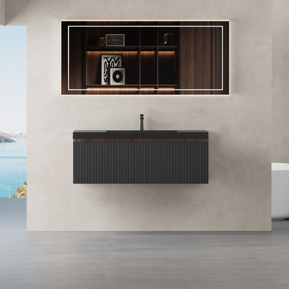 English Elm 42'' Floating Vanity Smoked Walnut Fluted Soft-close Drawer Quartz Basin Bathroom W1573P265199