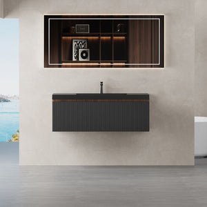 English Elm 42'' Floating Vanity Smoked Walnut Fluted Soft-close Drawer Quartz Basin Bathroom W1573P265199