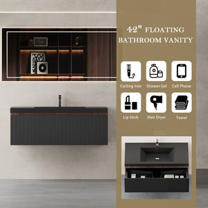 English Elm 42'' Floating Vanity Smoked Walnut Fluted Soft-close Drawer Quartz Basin Bathroom W1573P265199