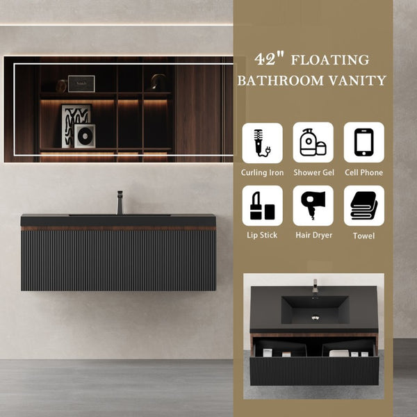 English Elm 42'' Floating Vanity Smoked Walnut Fluted Soft-close Drawer Quartz Basin Bathroom W1573P265199