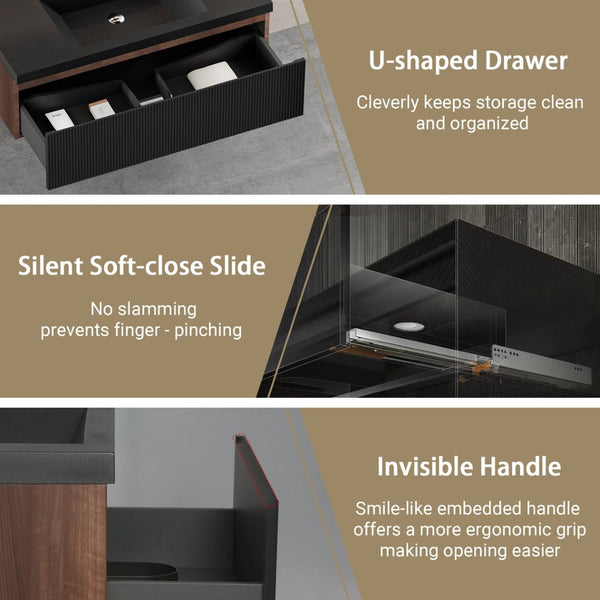 English Elm 42'' Floating Vanity Smoked Walnut Fluted Soft-close Drawer Quartz Basin Bathroom W1573P265199
