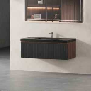 English Elm 42'' Floating Vanity Smoked Walnut Fluted Soft-close Drawer Quartz Basin Bathroom W1573P265199