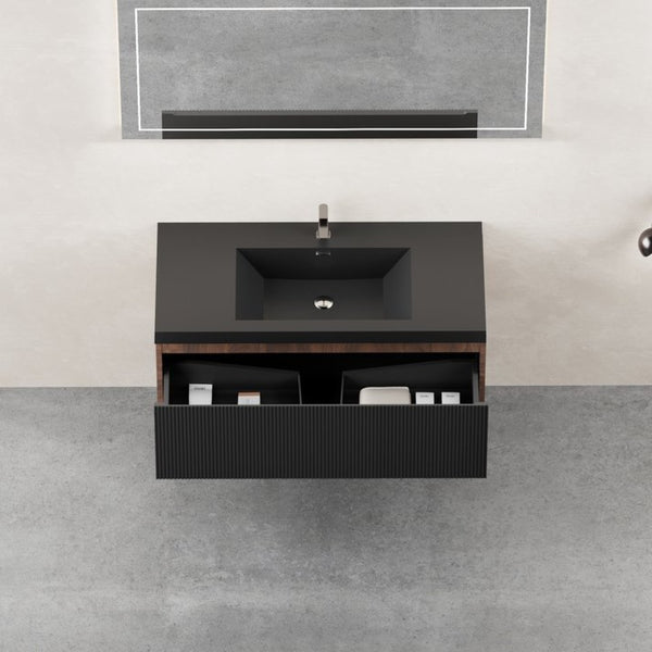 English Elm 42'' Floating Vanity Smoked Walnut Fluted Soft-close Drawer Quartz Basin Bathroom W1573P265199